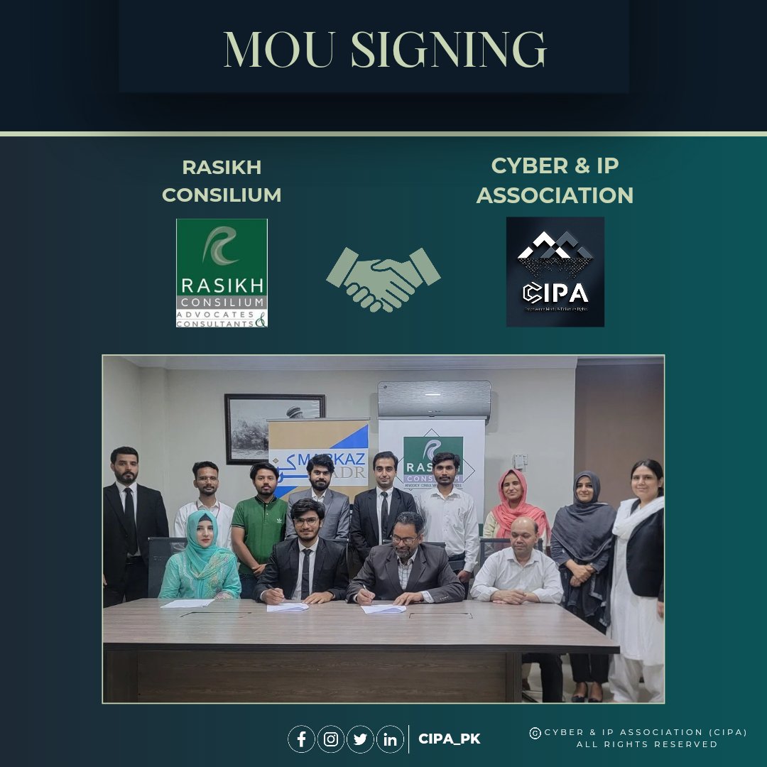 cipa_pk's tweet photo. We are thrilled to announce that Rasikh Consilium and the Cyber & IP Association have formalized their collaboration through the signing of Memorandum of Understanding (MoU).
#Cipa_pk #MoUSigning #CollaborativePartnership #CyberLaw #IPRights #LegalExcellence #RasikhConsilium https://t.co/tb9JpYDbXL