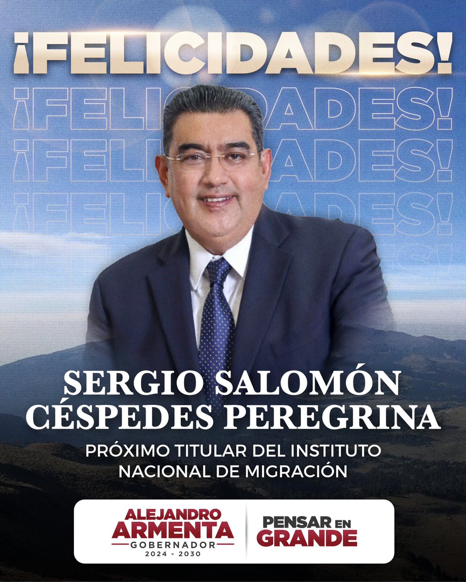armentapuebla_'s tweet photo. Enhorabuena, Gobernador @SergioSalomonC, por la gran encomienda que estarás asumiendo próximamente con la Presidenta @Claudiashein como titular del Instituto Nacional de Migración. 

Tu nombramiento es resultado de tu compromiso y sensibilidad. Estoy seguro de que harás un gran papel en esta institución. ¡Reconocimiento merecido, amigo Gobernador!