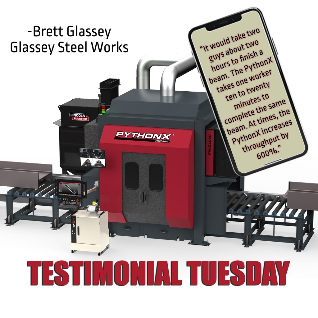 PythonXrobot's tweet image. TESTIMONIAL TUESDAY💥
"It would take two guys about two hours to finish a beam. The PythonX takes one worker 10 to 20 minutes to complete the same beam. At times, the PythonX increases throughput by 600%," - Brett Glassey
Glassey Steel Works.
#LincolnElectricAutomation #PythonX