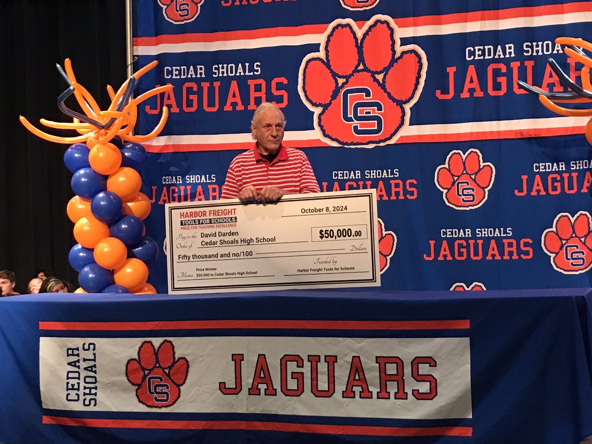kellygirtz's tweet image. Congratulations to Cedar Shoals HS Automotive Teacher Dave Darden for bringing a $50,000 grant from Harbor Freight to the school to upgrade their classroom. Go Jags!