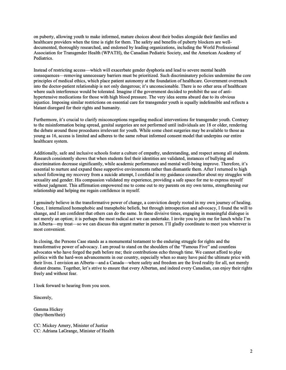 In Alberta on the 18th to receive a #GGAward in Commemoration of the Persons Case. Sent the premier a letter inviting her to lunch to chat about her proposed legislation. 

Hope to hear from you soon <a href="/ABDanielleSmith/">Danielle Smith</a>. The rights (and lives) of trans kids hang in the balance.
