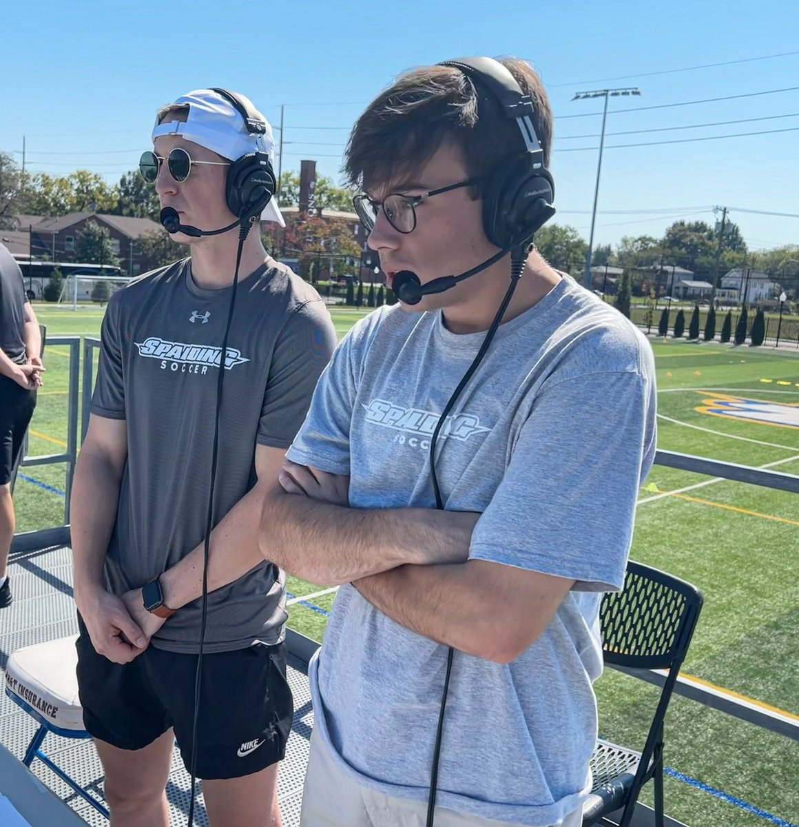 SpaldingMSOC's tweet photo. The voices of Spalding Soccer 🎤🗣️🎧

Let’s show some appreciation for Ethan Thornton ‘21 and Cole Vance ‘22! The two former SUMS players are in their third year commentating both @SpaldingMSOC &amp; @spaldingwsoccer home games. 

The best in the business! #WeAreSU https://t.co/0G4mJVbyfw