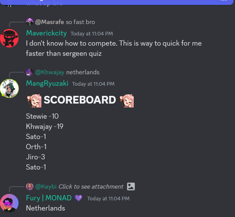 MangRyuzaki's tweet photo. Tuesday Quiz with Nads! 🎉
@monad_xyz @Filipinads @chog_xyz 
Nads absolutely nailed it with her country name unscrambling skills. 🌍✈️
Big congratulations to @SolVermillio for winning today’s quiz! 🏆 Thanks to everyone for participating can't wait to see you all tomorrow for✨ https://t.co/gfVRe4l357