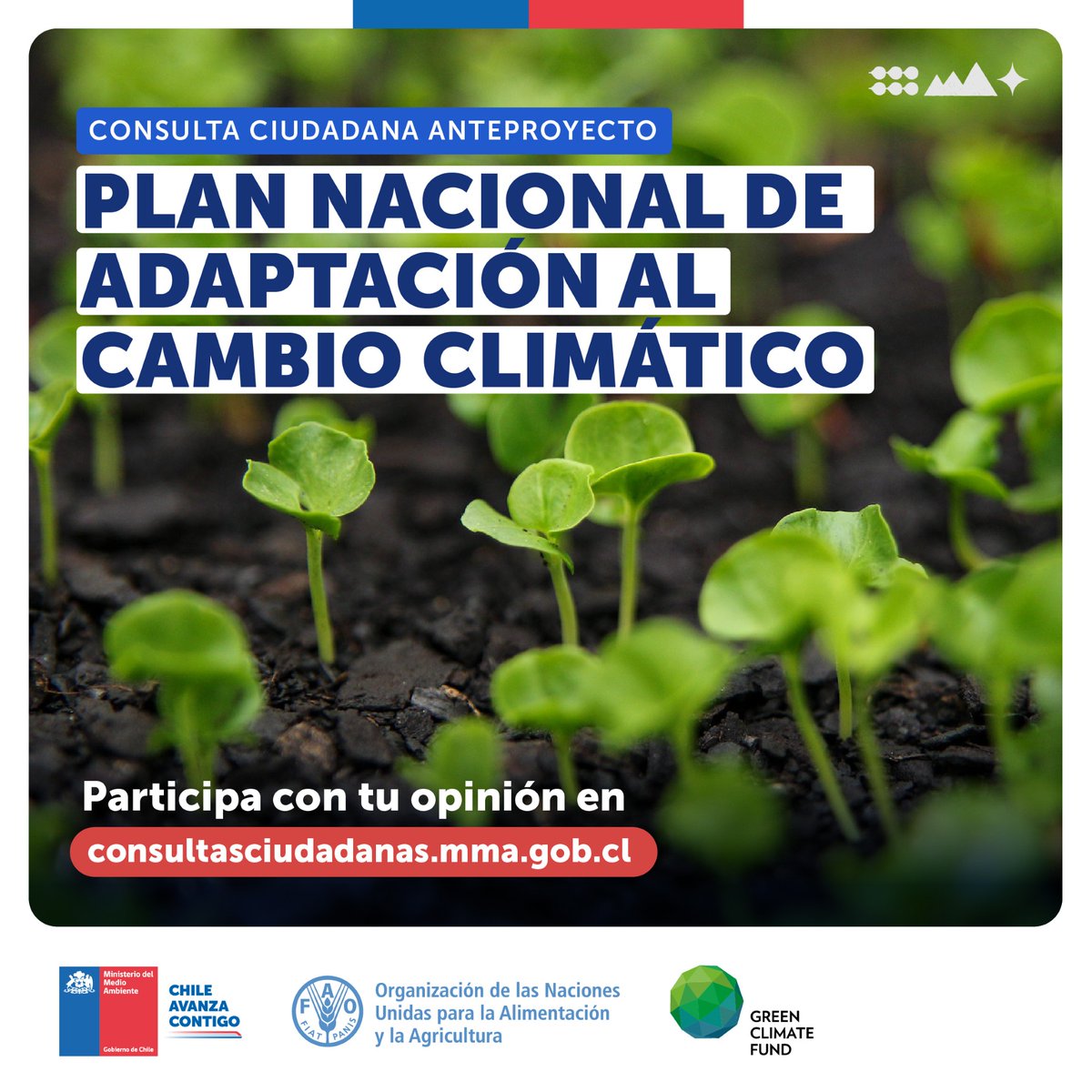 🗣️ ¡Aporta con tu visión y avancemos juntos hacia un Chile más resiliente!  

👉  Hasta el 14 de octubre puedes participar en la consulta ciudadana del anteproyecto del Plan Nacional de Adaptación al Cambio Climático.  

🔷 Más información en: bit.ly/3S9cw0W