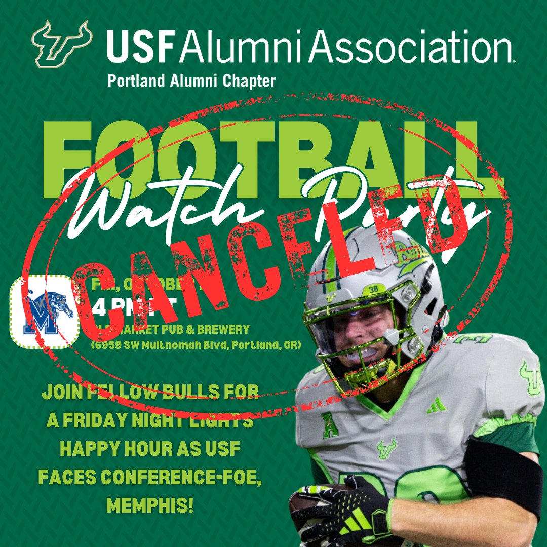WATCH PARTY CANCELED
Due to Hurricane Milton, our USF Portland Alumni Watch Party for USF vs. Memphis has been canceled. The game has been moved to Saturday at 12:30 PM PT, but no TV network is confirmed, and the game's status is uncertain. Thanks for your understanding!
