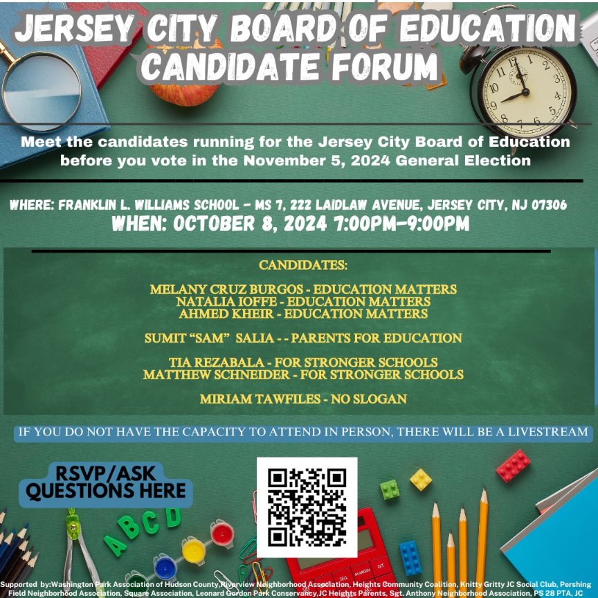 📢 Jersey City Board of Education Candidate Forum is happening TONIGHT 7PM-9PM! 🎓 Hear from the candidates &amp; their plans for our schools. Watch the livestream and stay informed before the Nov 5 election! 🗳️ #JerseyCity #BOE

🔗 Watch here: youtube.com/watch?v=9roYQO…