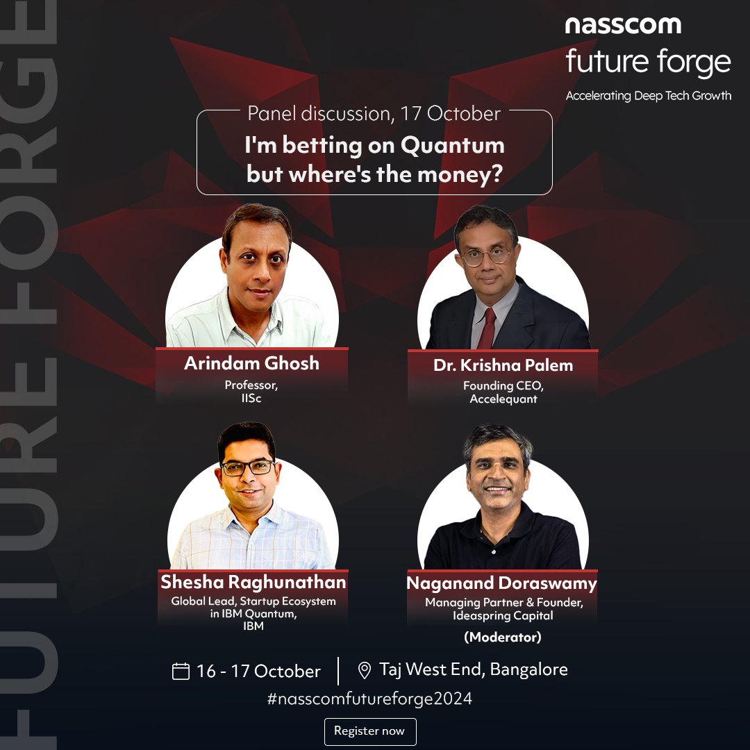 nasscom startups (@nasscomstartups) on Twitter photo Join <a href="/ArindamPhysics/">Arindam Ghosh</a>, Professor at <a href="/iiscbangalore/">IISc Bangalore</a>, Dr. Krishna Palem, CEO of Accelequant, <a href="/shesha04/">Shesha Raghunathan</a>, <a href="/IBM/">IBM</a> and <a href="/naganandd/">Naganand Doraswamy</a>, Founder, <a href="/IdeaspringCap/">Ideaspring Capital</a> as they explore the quantum landscape at #nasscomfutureforge2024 in the panel 'I’m Betting on Quantum: But Where’s the Money?'. Join <a href="/ArindamPhysics/">Arindam Ghosh</a>, Professor at <a href="/iiscbangalore/">IISc Bangalore</a>, Dr. Krishna Palem, CEO of Accelequant, <a href="/shesha04/">Shesha Raghunathan</a>, <a href="/IBM/">IBM</a> and <a href="/naganandd/">Naganand Doraswamy</a>, Founder, <a href="/IdeaspringCap/">Ideaspring Capital</a> as they explore the quantum landscape at #nasscomfutureforge2024 in the panel 'I’m Betting on Quantum: But Where’s the Money?'.