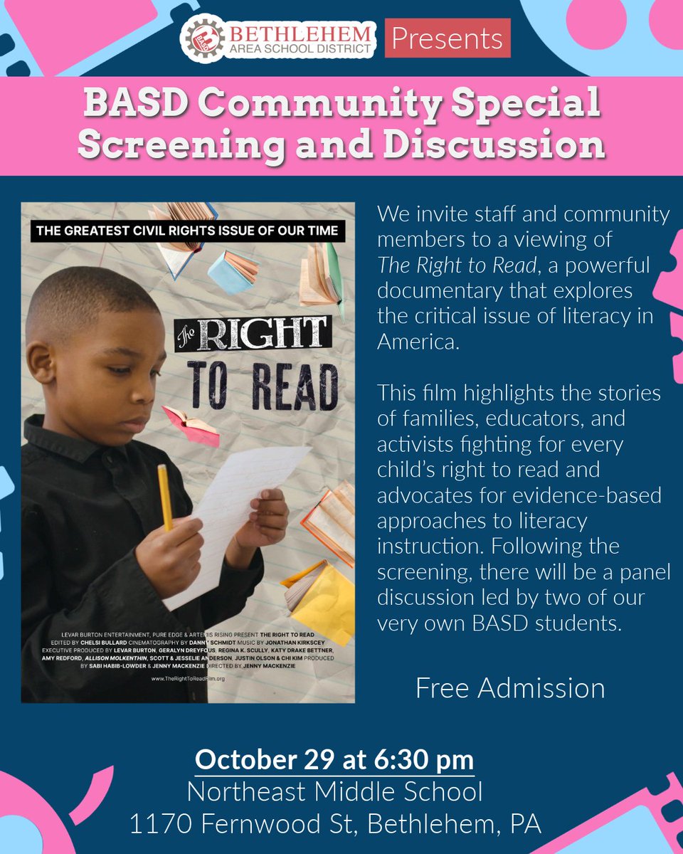 The Bethlehem Area School District is excited to host a special screening and panel discussion of The Right to Read, a compelling documentary that delves into the vital issue of literacy in America. 

We hope you’ll join us for this event on October 29 at 6:30PM at Northeast MS!