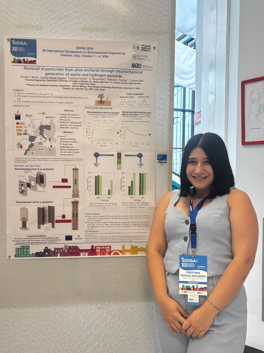 E3LGroup's tweet photo. 🥳BEST POSTER AWARD! for @Cris23NH in #SIDISA2024 with the tittle "Removal of pesticides from olive orchards thorugh electrochemical generation of ozone and hydrogen peroxide" in @SoilOlive project #SoilOlive #SoilMission #HorizonEurope @FCTQ_uclm @IngQuimicaUCLM Congratulations! https://t.co/J0TaSOPEG0