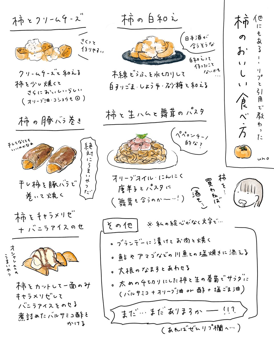 柿のおいしい食べ方を色々教えていただいたので、自分メモ用にまとめました📝
たくさんありがとうございました!
色々やってみたくなったので柿また今週買うぞー! 