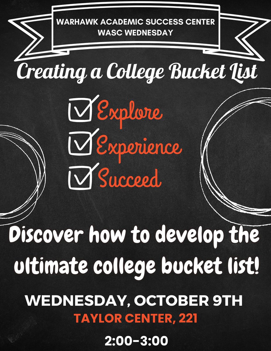 If you're just going to class, then back to your dorm, you're doing college all wrong. Join us tomorrow during our WASC Wednesday event as Dr. Burks from the College of Education provides tips on developing a well rounded college bucket list. Snacks will be provided. #aumwasc1