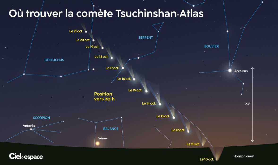 cieletespace's tweet image. Voici notre carte du ciel à partager le plus largement possible pour que tout le monde sache trouver la comète Tsuchinshan-Atlas dans le ciel ☄️
Nos ultimes conseils d'observation à lire par ici 👇👇
cieletespace.fr/actualites/obs…