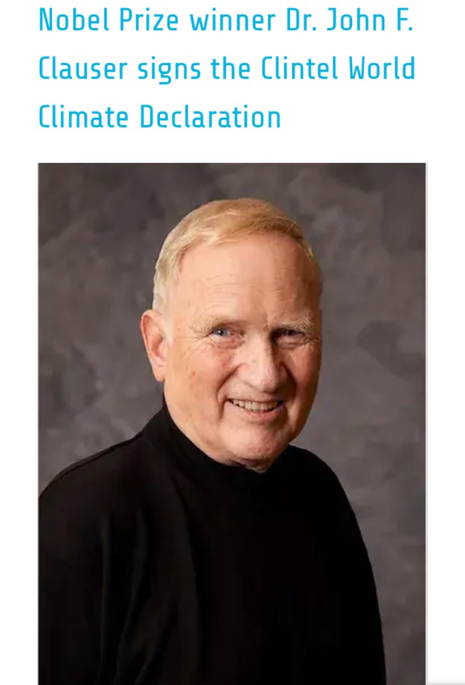 robinmonotti's tweet photo. PHYSICS NOBEL PRIZE 2022
SIGNS CLIMATE DECLARATION:
THERE IS NO CLIMATE EMERGENCY ‐ CLAUSER & a global network of over 1,900 scientists and professionals has prepared this urgent message:

Natural as well as anthropogenic factors cause warming

The geological archive reveals that Earth’s climate has varied as long as the planet has existed, with natural cold and warm phases. The Little Ice Age ended as recently as 1850. Therefore, it is no surprise that we now are experiencing a period of warming.

Warming is far slower than predicted

The world has warmed significantly less than predicted by IPCC on the basis of modeled anthropogenic forcing. The gap between the real world and the modeled world tells us that we are far from understanding climate change.

Climate policy relies on inadequate models

Climate models have many shortcomings and are not remotely plausible as global policy tools. They blow up the effect of greenhouse gases such as CO2. In addition, they ignore the fact that enriching the atmosphere with CO2 is beneficial.

CO2 is plant food, the basis of all life on Earth

CO2 is not a pollutant. It is essential to all life on Earth. Photosynthesis is a blessing. More CO2 is beneficial for nature, greening the Earth: additional CO2 in the air has promoted growth in global plant biomass. It is also good for agriculture, increasing the yields of crops worldwide.

Global warming has not increased natural disasters

There is no statistical evidence that global warming is intensifying hurricanes, floods, droughts and suchlike natural disasters, or making them more frequent. However, there is ample evidence that CO2-mitigation measures are as damaging as they are costly.

Climate policy must respect scientific and economic realities

There is no climate emergency. Therefore, there is no cause for panic and alarm. We strongly oppose the harmful and unrealistic net-zero CO2 policy proposed for 2050. If better approaches emerge, and they certainly will, we have ample time to reflect and re-adapt. The aim of global policy should be ‘prosperity for all’ by providing reliable and affordable energy at all times. In a prosperous society men and women are well educated, birthrates are low and people care about their environment."