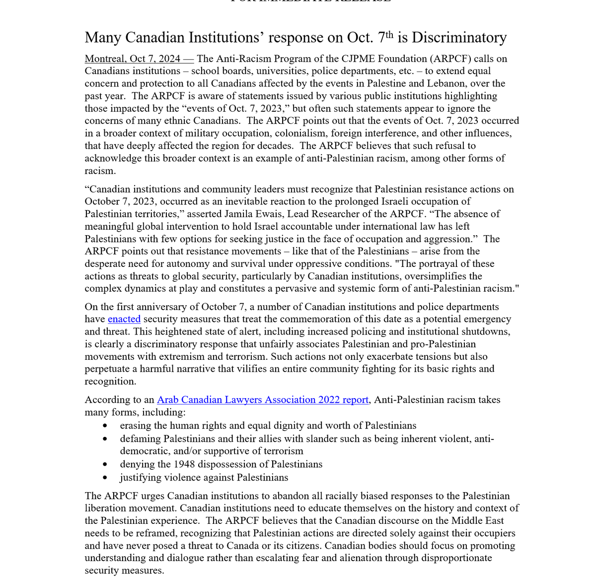 OpposeAPR's tweet image. Canadian institutions must stop rejecting pro-Palestinian demands and violently repressing activists. Despite a year-long genocide in Gaza and growing solidarity protests in Canada, the disregard for Palestinian lives and rights continues to intensify. 
cjpmefoundation.org/pr_2024_10_08_…