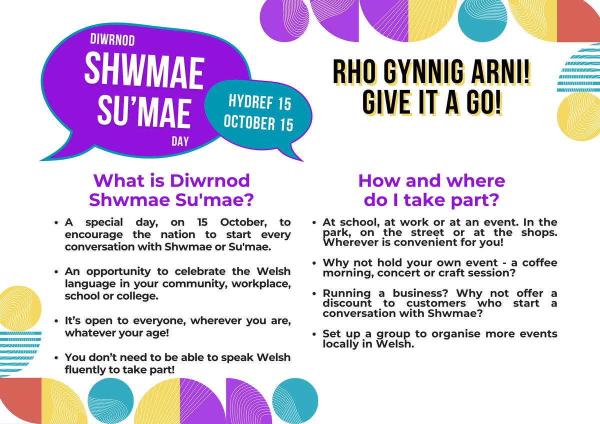 Shwmae Su'mae (@shwmaesumae) on Twitter photo Beth ydych chi am 'neud i ddathlu eleni?
What are you going to do to celebrate this year?
#ShwmaeSumae24
<a href="/mentrauiaith/">Mentrau Iaith</a> <a href="/LlywodraethCym/">Llywodraeth Cymru</a> <a href="/BBCRadioCymru/">Radio Cymru</a> <a href="/PrynhawnDaS4C/">Prynhawn Da 🏴</a> Beth ydych chi am 'neud i ddathlu eleni?
What are you going to do to celebrate this year?
#ShwmaeSumae24
<a href="/mentrauiaith/">Mentrau Iaith</a> <a href="/LlywodraethCym/">Llywodraeth Cymru</a> <a href="/BBCRadioCymru/">Radio Cymru</a> <a href="/PrynhawnDaS4C/">Prynhawn Da 🏴</a>