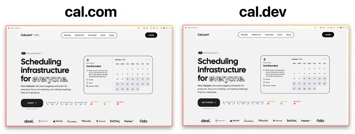 Hey <a href="/calcom/">Cal.com</a>, heads up - your .dev TLD is a couple versions behind (v4.1 -> v4.5) and isn't hiring 🙃