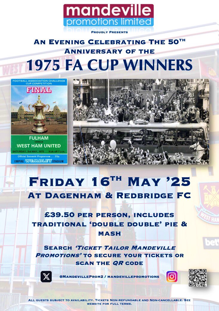 ‼️ BOX OFFICE OPEN ‼️ 

‘75 FA Cup 50th Anniversary celebration

🗓️ Friday 16th May 2025

📍 Dagenham &amp; Redbridge FC

Includes ‘double double’ from <a href="/robinspienmash/">Robins Pie 'N' Mash</a> 

Guests so far: McDowell, Lock, Holland &amp; Tommy Taylor - invites out to many more!

tickettailor.com/events/mandevi…