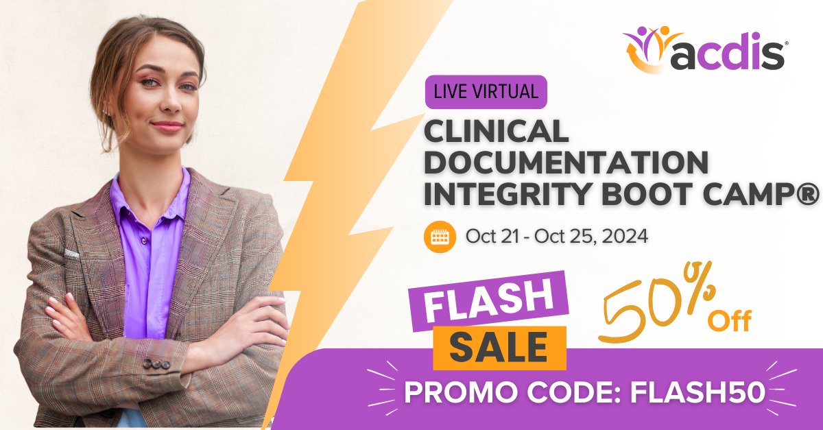 🚨 Flash Sale! Save 50% on ACDIS' Live Virtual CDI Boot Camp! Learn key CDI skills, compliant queries, &amp; more from the comfort of your home or office. Use code FLASH50 by Oct 14 and register here: hubs.la/Q02Syb5B0