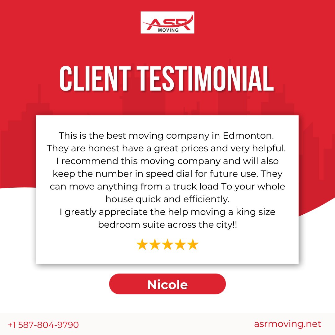 ASR_Moving's tweet image. Thank you for your kind words, Nicole. It was our pleasure to do your move. See you in the future.

To know more, visit zurl.co/xVEB or call us at +1 587-804-9790

#canadamoving #professionalmovers #packagingservice #apartmentmoving #Lastminutemove #moving #ASRmoving