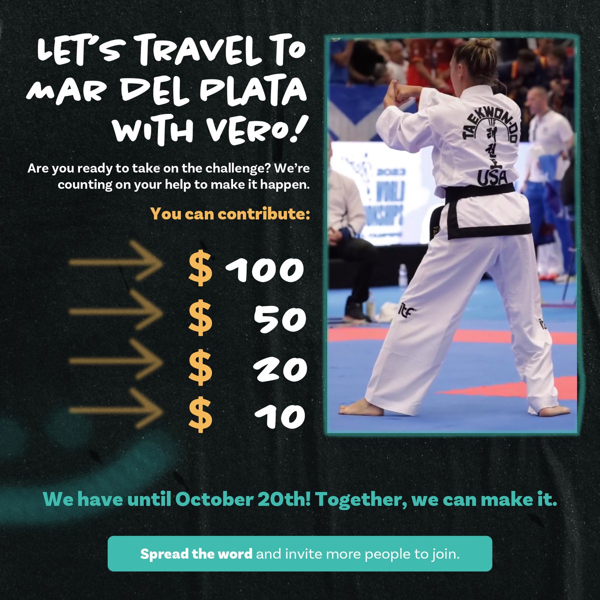 From our #foundation, we invite everyone to join the #challenge: Let's travel to Mar del Plata with Vero Oro. Each day, we’re getting closer to reaching our goal! You can help by making small #donations. Every #contribution counts. 

#Miami #TaekwondoWorldChampionship