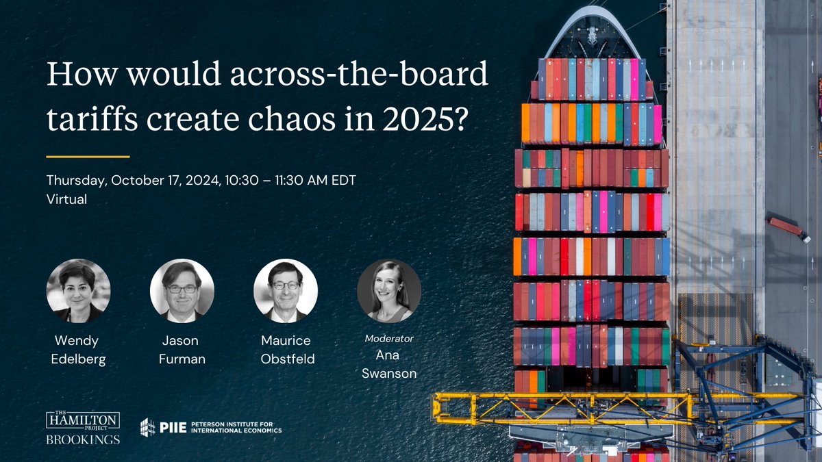 How would across-the-board tariffs affect the U.S. economy? On 10/17, hear from <a href="/WendyEdelberg/">Wendy Edelberg</a>, <a href="/PIIE/">Peterson Institute</a>’s Maurice Obstfeld, <a href="/jasonfurman/">Jason Furman</a>, and <a href="/AnaSwanson/">Ana Swanson</a> about the effect of tariffs on inflation, supply chains, interest rates, and more. hamiltonproject.org/event/across-t…