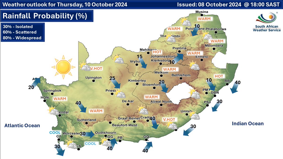 SAWeatherServic's tweet photo. Weather outlook for Thursday &amp; Friday, 10 - 11 October 2024.
#saws #weatheroutlook #southafricanweather https://t.co/JNhd5eAx3T