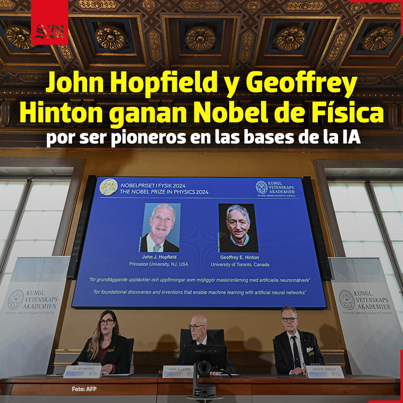 elsolde_mexico's tweet photo. 🏆👨🏫 El estadounidense John Hopfield y el británico-canadiense Geoffrey Hinton han estado trabajando en las bases de la #InteligenciaArtificial desde los años 1980. Cabe señalar que las redes #neuronales artificiales se inspiran en la red de neuronas del cerebro humano.
📷 AFP https://t.co/9OrCl7tKfw