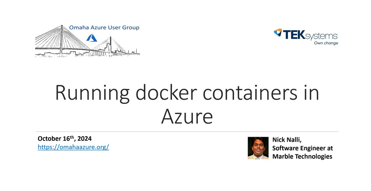 Omaha Azure User Group (@omahaazure) on Twitter photo Join us on Wednesday, October 16 at 6 PM for an exciting session on Running #Docker Containers in #Azure! Don’t miss this chance to learn from Nick Nalli & connect with the community. <a href="/TEKsystems/">TEKsystems</a> will provide food and drinks.
🔗 RSVP & Details: omahaazure.org/omaha-azure-us… #OmahaTech Join us on Wednesday, October 16 at 6 PM for an exciting session on Running #Docker Containers in #Azure! Don’t miss this chance to learn from Nick Nalli & connect with the community. <a href="/TEKsystems/">TEKsystems</a> will provide food and drinks.
🔗 RSVP & Details: omahaazure.org/omaha-azure-us… #OmahaTech