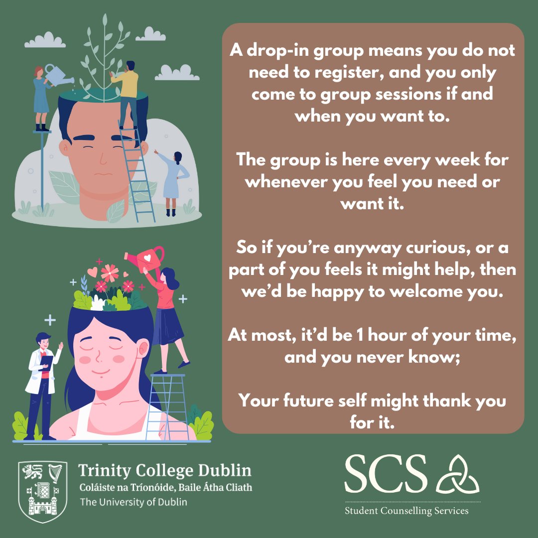 Struggling with college or life stress? 🎓✨ Join our weekly drop-in therapy group! It's a safe space to share, support, and learn coping strategies with fellow students. Every Wednesday at 1pm, come as you are and take a step towards a healthier you. #TCD #trinitycollegedublin