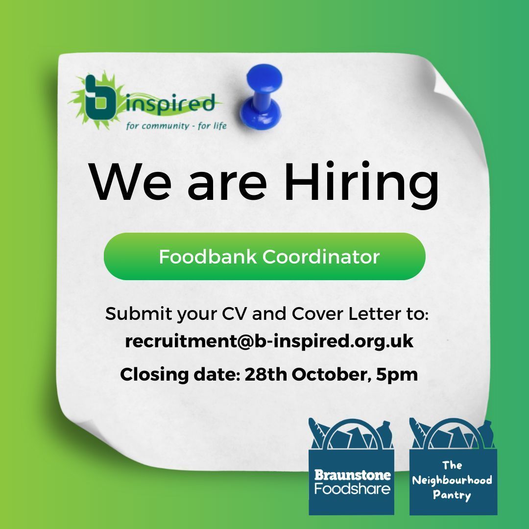 🚨We are Hiring - Foodbank Coordinator  

Salary:  £26,000 - £28,000 

Contract: Full time, permanent 

Closing date: 28 October, 5pm 

More info and Job Description 
🌐 buff.ly/3U1iG4m 

If interested, submit your CV &amp; Cover Letter to: recruitment@b-inspired.org.uk