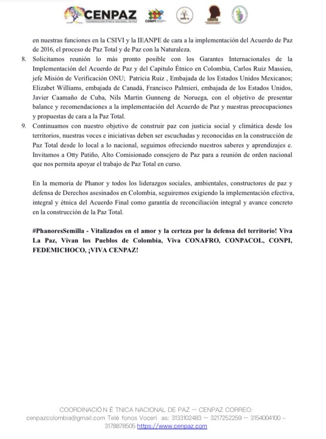 Declaración II Encuentro CENPAZ 2024
Pueblos y Autoridades <a href="/conpicolombia/">CONPI Coordinación Nacional de Pueblos Indígenas</a> <a href="/CONAFROColombia/">CONAFRO</a> <a href="/ConpazCol_/">Conpazcol</a> <a href="/fedemichoco/">FEDEMICHOCO</a> por Paz a favor de la Biodiversidad y homenaje a #PhanorEsSemilla
Llamado a <a href="/petrogustavo/">Gustavo Petro</a> <a href="/CristoBustos/">Juan Fernando Cristo</a> <a href="/GloriaCuartas/">Gloria Cuartas</a> <a href="/FranciaMarquezM/">Francia Márquez Mina</a> <a href="/CsiviComunes/">Csivi-Comunes</a> <a href="/CGRuizMassieu/">Carlos Ruiz Massieu</a>