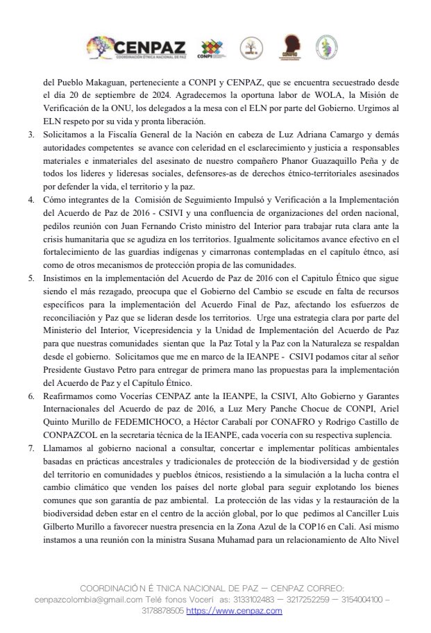 CENPAZ_'s tweet photo. Declaración II Encuentro CENPAZ 2024
Pueblos y Autoridades @conpicolombia @CONAFROColombia @ConpazCol_ @fedemichoco por Paz a favor de la Biodiversidad y homenaje a #PhanorEsSemilla
Llamado a @petrogustavo @CristoBustos @GloriaCuartas @FranciaMarquezM @CsiviComunes @CGRuizMassieu https://t.co/oJl48G1hPf