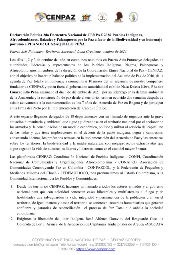 CENPAZ_'s tweet photo. Declaración II Encuentro CENPAZ 2024
Pueblos y Autoridades @conpicolombia @CONAFROColombia @ConpazCol_ @fedemichoco por Paz a favor de la Biodiversidad y homenaje a #PhanorEsSemilla
Llamado a @petrogustavo @CristoBustos @GloriaCuartas @FranciaMarquezM @CsiviComunes @CGRuizMassieu https://t.co/oJl48G1hPf