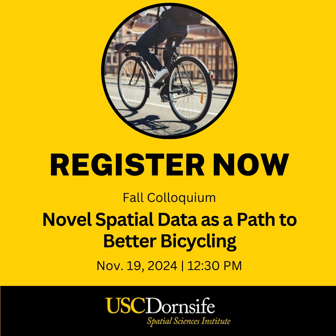 USC_SSI's tweet photo. Sign up for our #FallColloquium!
The focus: building novel data sources for better biking. π²
π
11/19 | 12:30β2 PM (PST)
π AHF B57J & Zoom
π https://t.co/DH25hzdqoq
#USCEvents #Mapping @USCDornsife https://t.co/wX6gsVP2mW