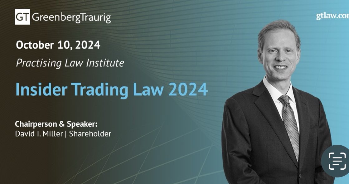 Looking forward to chairing the annual PLI Insider Trading Law seminar again. It is a great program with terrific panelists. If you want to learn about the latest developments in insider trading law, check it out on October 10. #pli #whitecollar #GTLaw #insidertrading