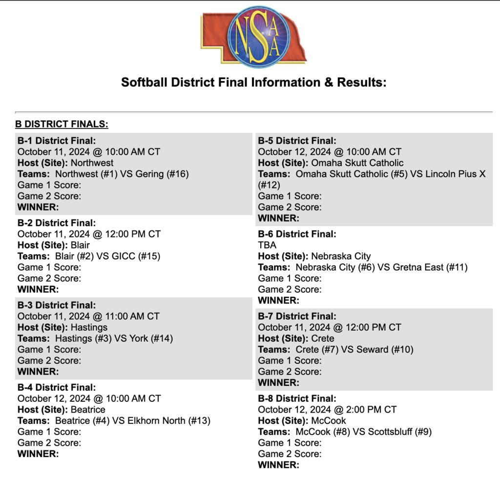 The Crusaders are moving on to the District Final. They will play against the Blair Bears in Blair, NE, on Friday, Oct 11. The first pitch will be at 12:00 PM CT. This is a best-of-three series for the Crusaders &amp; Bears. The winner advances to the Class B State Softball Tourney.