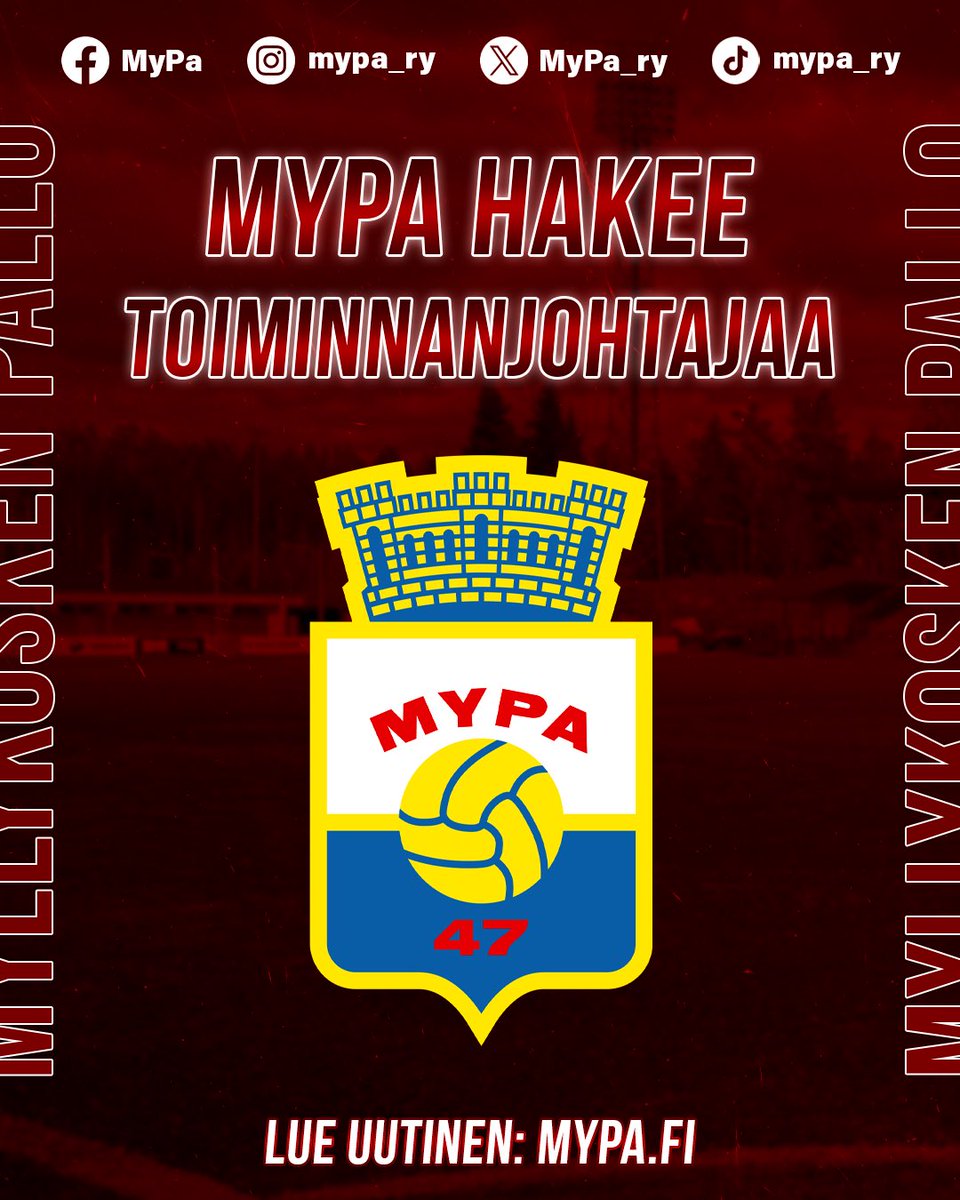 MyPa_ry's tweet photo. MyPa hakee toiminnanjohtajaa!

📰 Lue uutinen: https://t.co/PW2wRKFT9R

#MyPa #urheilukaupunki #kouvola #kakkonen https://t.co/1z9z31uFCv