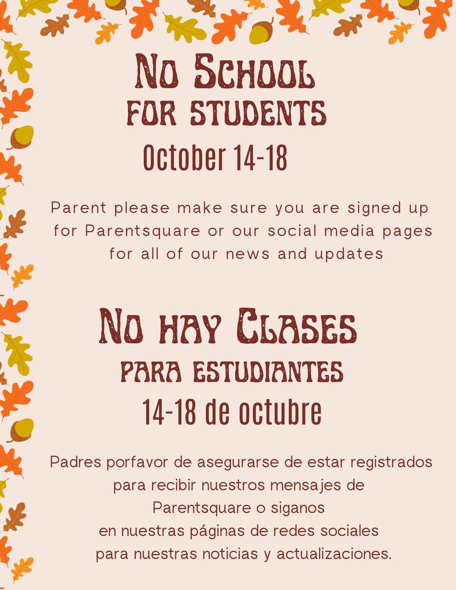 Reminder:  No School for students October 14-18.  #behde #hdeproud #hdehounddogs #teamhounddogs