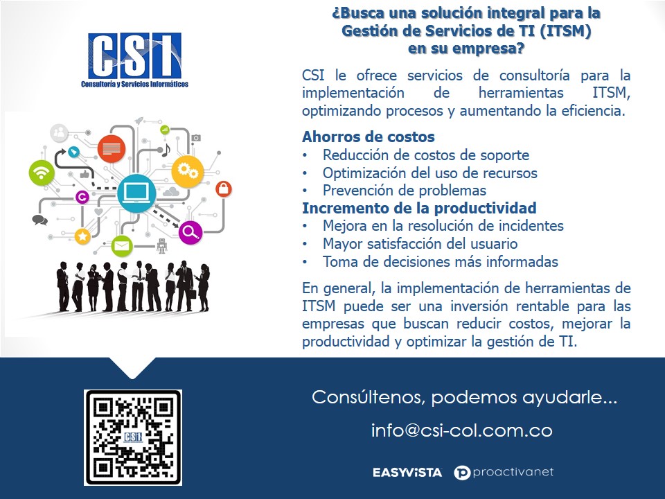 csi_col's tweet image. Consúltenos, podemos ayudarle @csi-col.com.co
#GestionServiciosTI #ITSM #TI #Consultoria #SolucionIntegralITSM #AhorroCostos #IncrementoProductividad #Eficiencia #OptimizacionProcesos