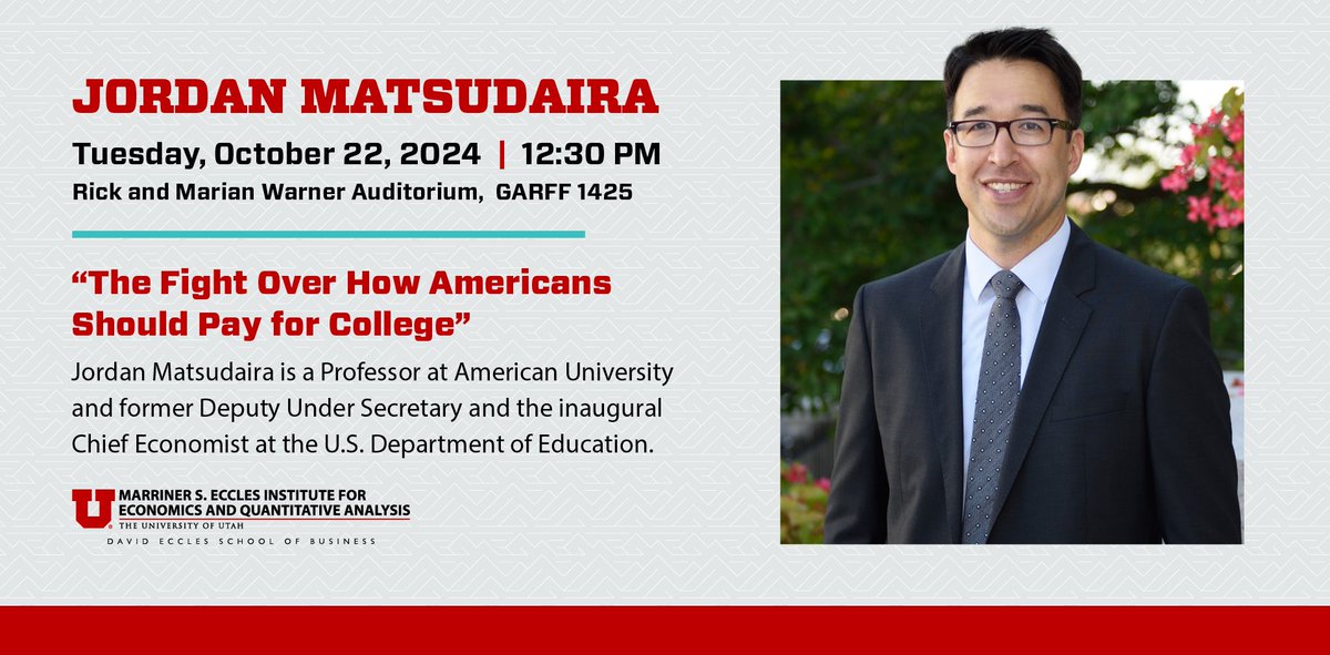 "The Fight Over How Americans Should Pay for College"
Tuesday, October 22 12:30 pm GARFF 1425

marriner.eccles.utah.edu/jordan-matsuda…

#MarrinerInstitute #EcclesQAMO #EcclesExperience