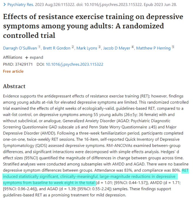 Resistance training could eliminate your depression in 8 weeks or less.

Physical health = mental health.