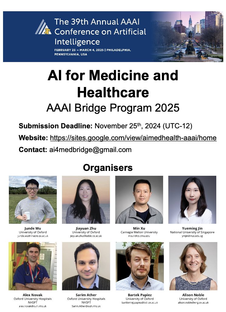 I’m excited to announce that our 1st AI for Medicine and Healthcare (AI4MedHealth) bridge program, will be held with AAAI <a href="/RealAAAI/">AAAI</a>  in Philadelphia on February 25-26, 2025. Please consider submitting this year. Our freshly baked website is here😁: sites.google.com/view/aimedheal…

For