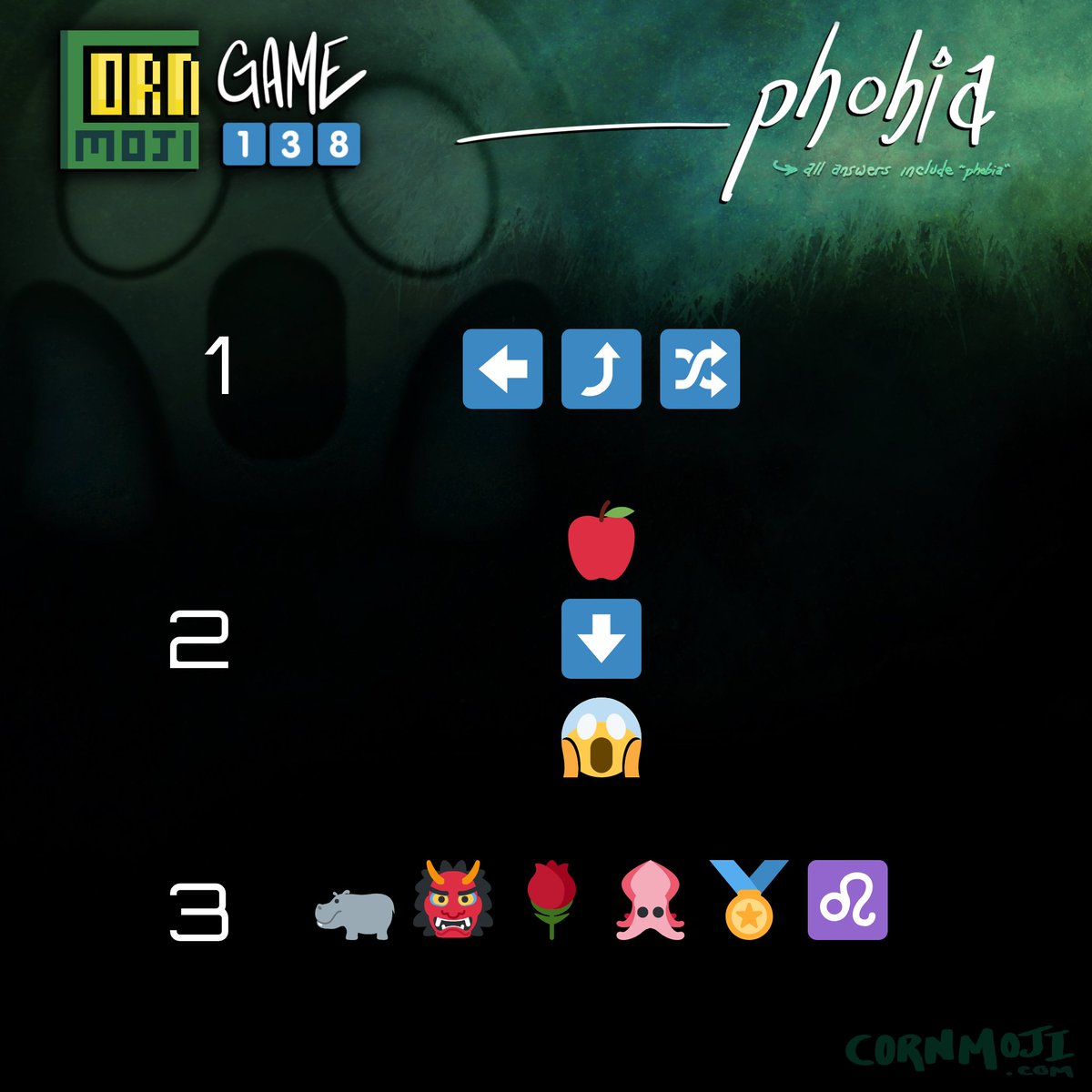 cornmoji's tweet image. CORNMOJI 1️⃣3️⃣8️⃣
cornmoji.com

THEME: 😱 .......PHOBIA 😱

#CORNMOJI #puzzle #puzzles
#brainteaser #mentalexercise #wordplay