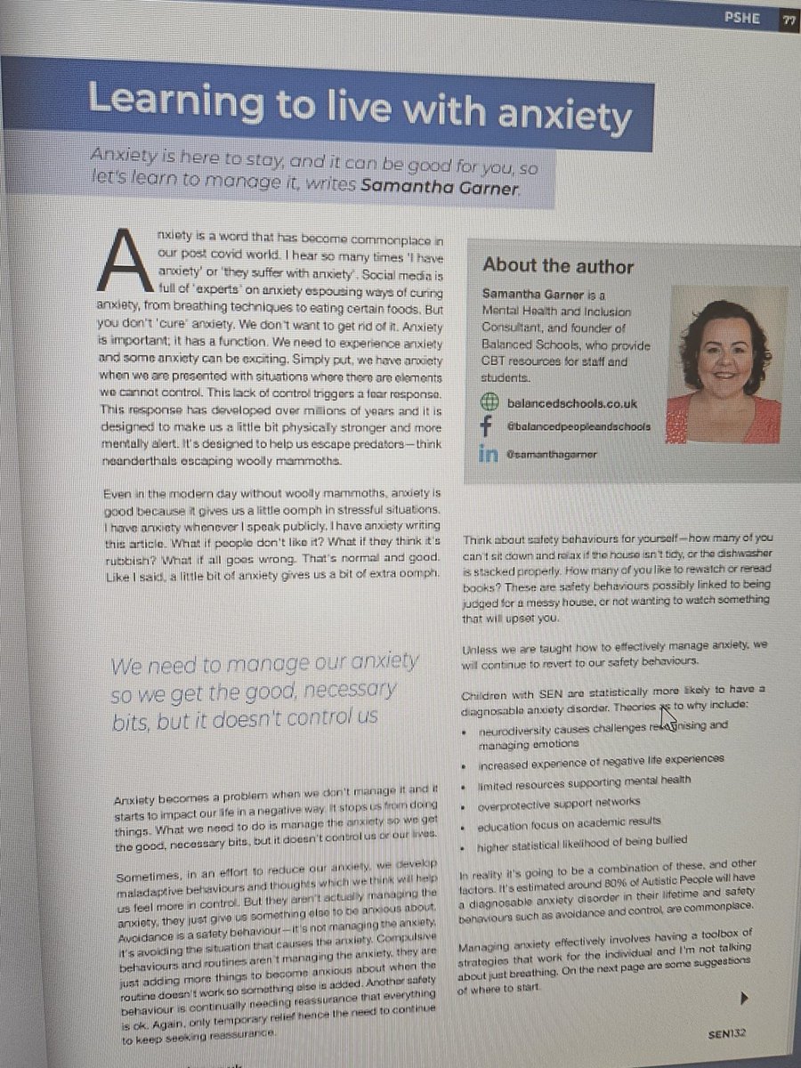 SamanthaDGarner's tweet image. I had the pleasure of composing an article for SEN Magazine discussing the significance of acknowledging anxiety. Embracing anxiety as a natural and important of life.
It is crucial to equip our children with the tools to manage anxiety.
#anxietyawareness #mentalwellness #SEN