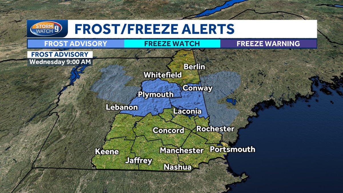Frost Advisory posted for Grafton and Carroll counties for early tomorrow morning. Frost is likely in Coos county as well, but the growing season was declared over there on 10/1. #NHwx <a href="/WMUR9/">WMUR TV</a>