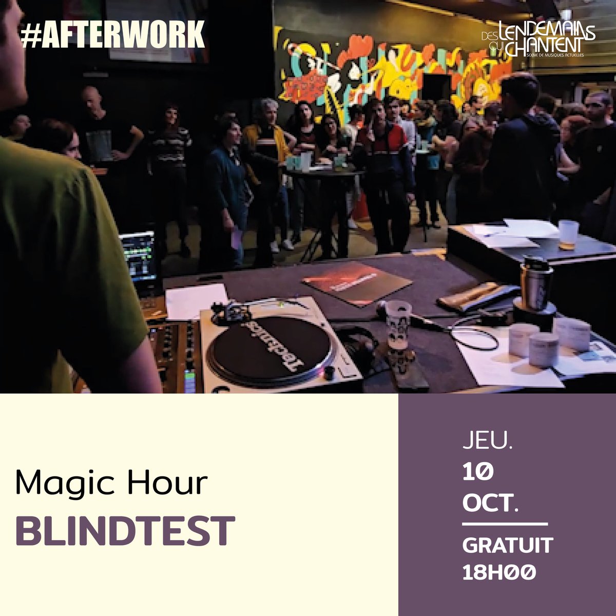 ✨ BLINDTEST ✨
JEU. 10 OCT. - 18H00 - SOIRÉE GRATUITE
📍 Des Lendemains Qui Chantent - Avenue du Lieutenant Colonel Faro, 19000 Tulle
Rendez-vous pour un moment fun, hors du temps et convivial !
Ce sera également l’occasion de gagner des places pour des concerts de la saison !