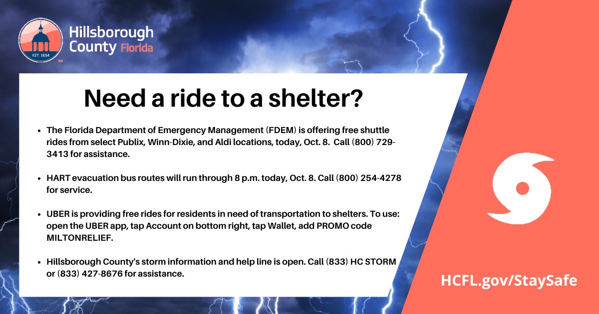 HillsboroughFL's tweet photo. 🚗 Need a ride to a shelter? Here are a few options. https://t.co/xZBEsPAf14