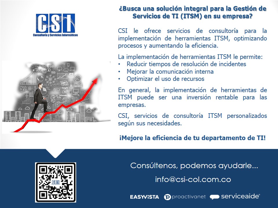 csi_col's tweet image. Consúltenos, podemos ayudarle @csi-col.com.co
#GestionServiciosTI #ITSM #TI #Consultoria #SolucionIntegralITSM #AhorroCostos #IncrementoProductividad #Eficiencia #OptimizacionProcesos