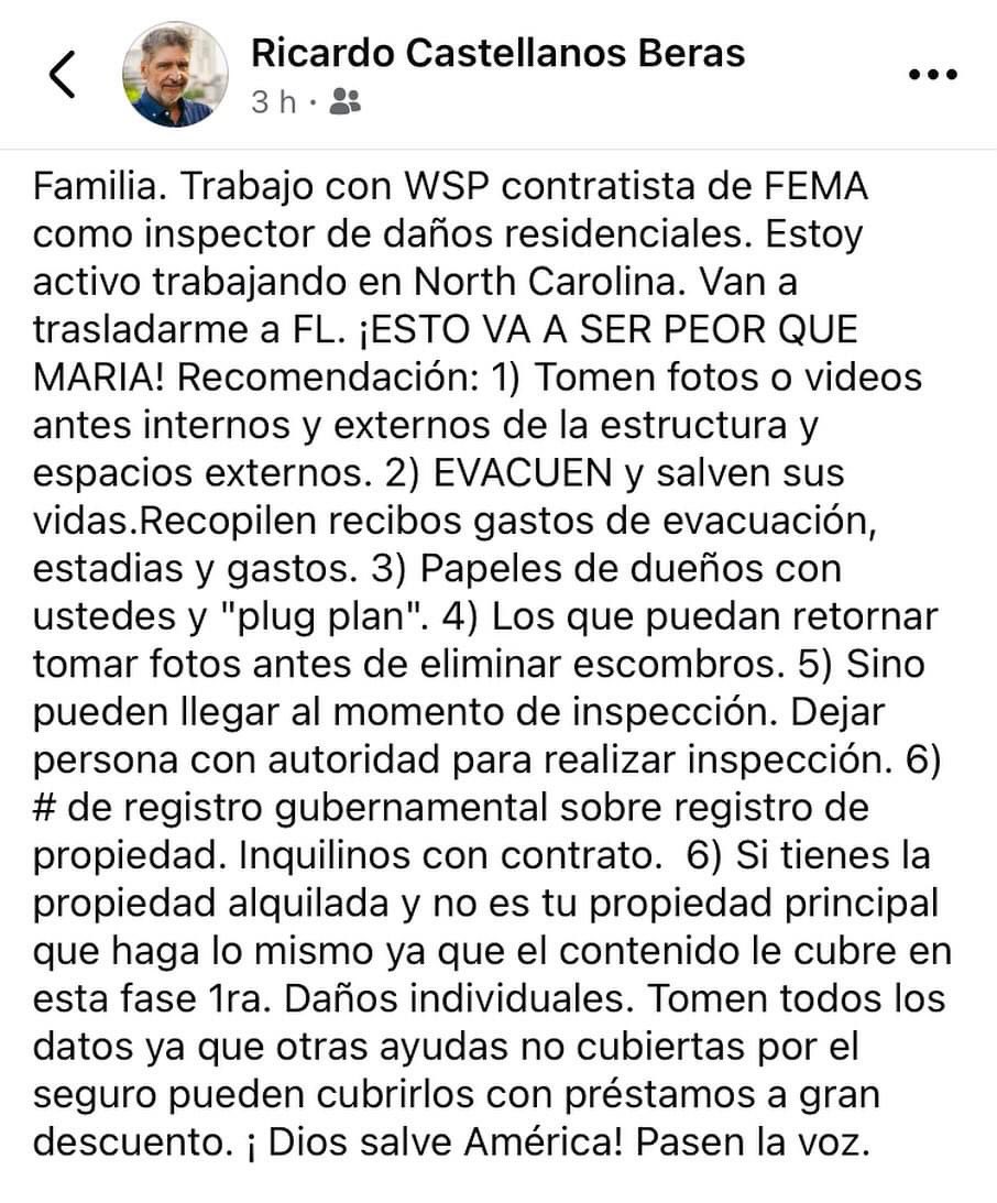 Confio_Dios's tweet photo. Oremos por Florida 🙏🏼🙏🏼🙏🏼 hermanos en Cristo, salgan del estado, no importa que no tenga un lugar a donde ir, así sea dormir en el estacionamiento de algún comercio fuera de todo peligro. Su vida es importante y la de su familia. Dios los proteja! Oramos por ustedes. https://t.co/hWEGEfAGtx
