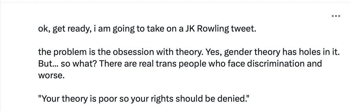 jk_rowling's tweet photo. Trans people already have full rights and legal protections in this country, so why should society at large adopt an ideology that not only has 'holes in it', but far-reaching repercussions for freedom of speech, safeguarding of minors, and women's and girls' rights? https://t.co/bEeAz2QySN